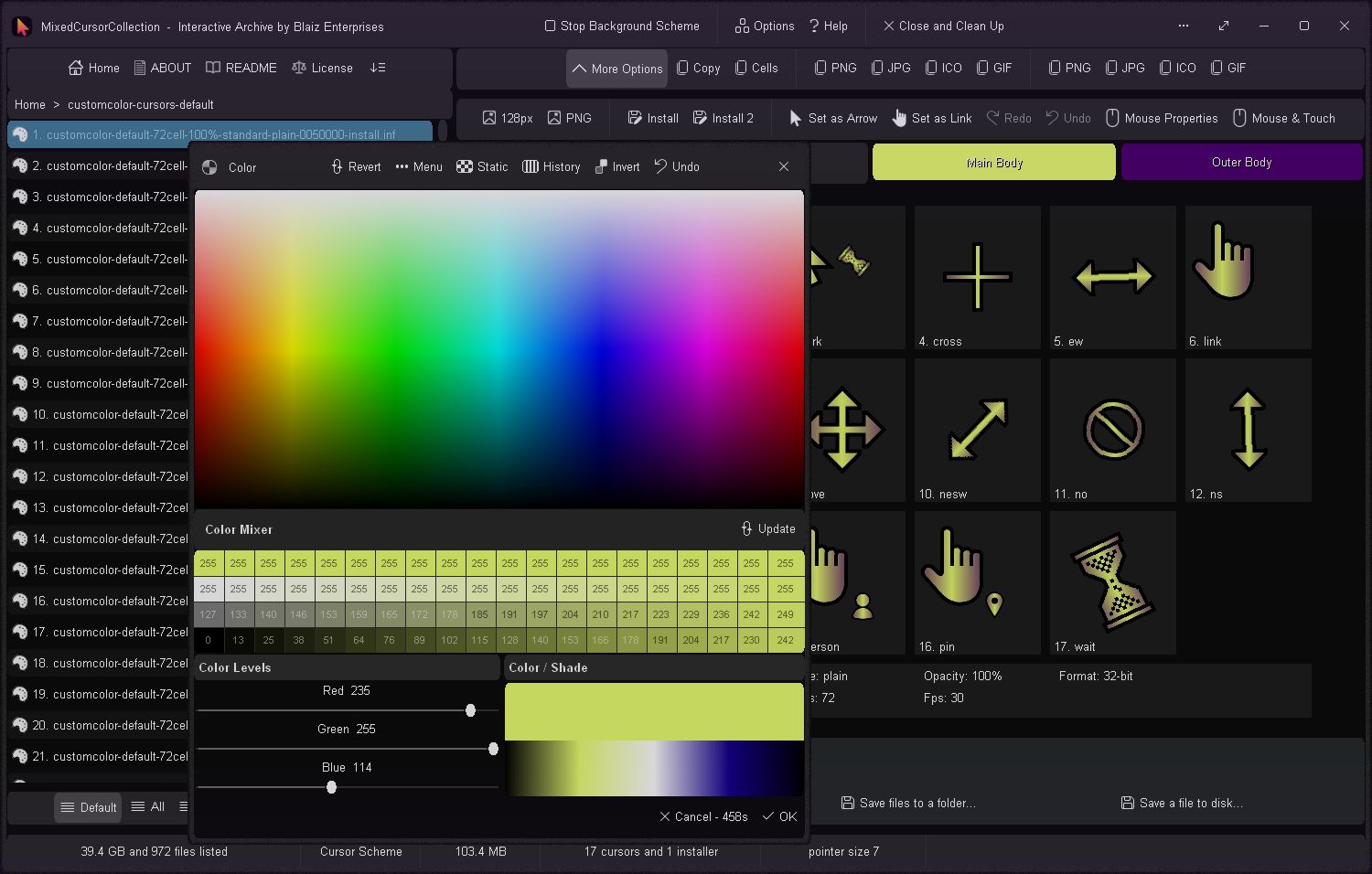 Custom color animated cursor scheme with two custom colors applied - off-lime and purple
Click to view image full size in a new tab